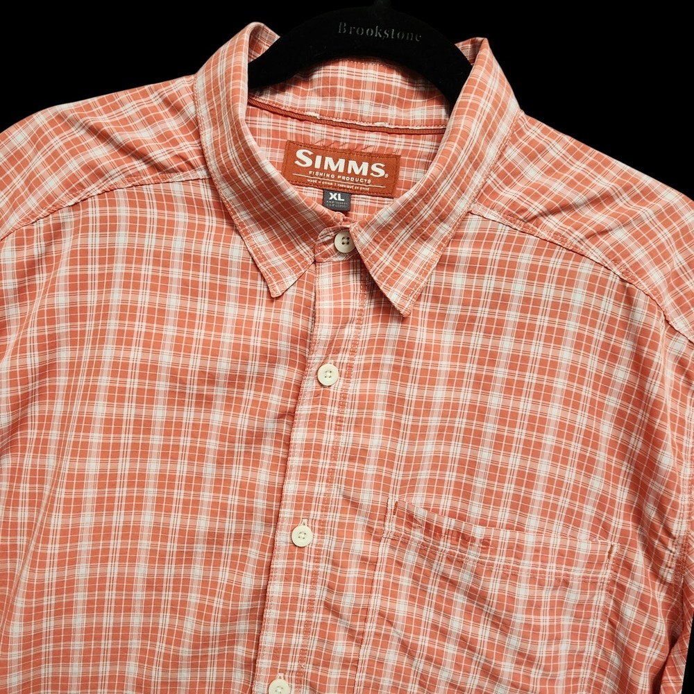 Simms Shirt Mens XL Orange Short Sleeve Button Up Lightweight Nylon‎ Blend READ